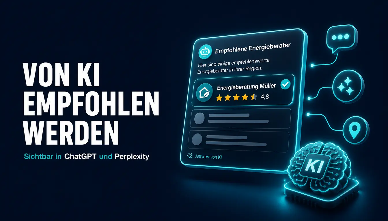 KI-Chatantwort empfiehlt Energieberatung Müller mit 4,8 Sternen auf dunklem Navy-Hintergrund