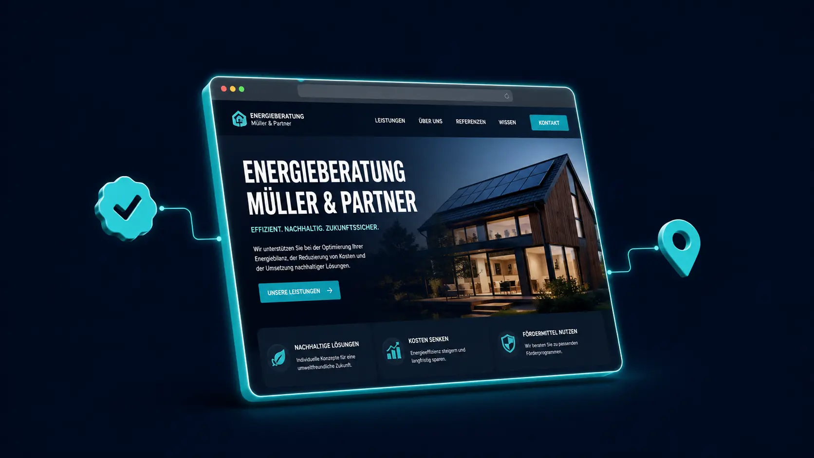 3D-Mockup einer professionellen Energieberater-Website mit Zertifizierungs-Badge und Standort-Pin – KI-generiertes Bild