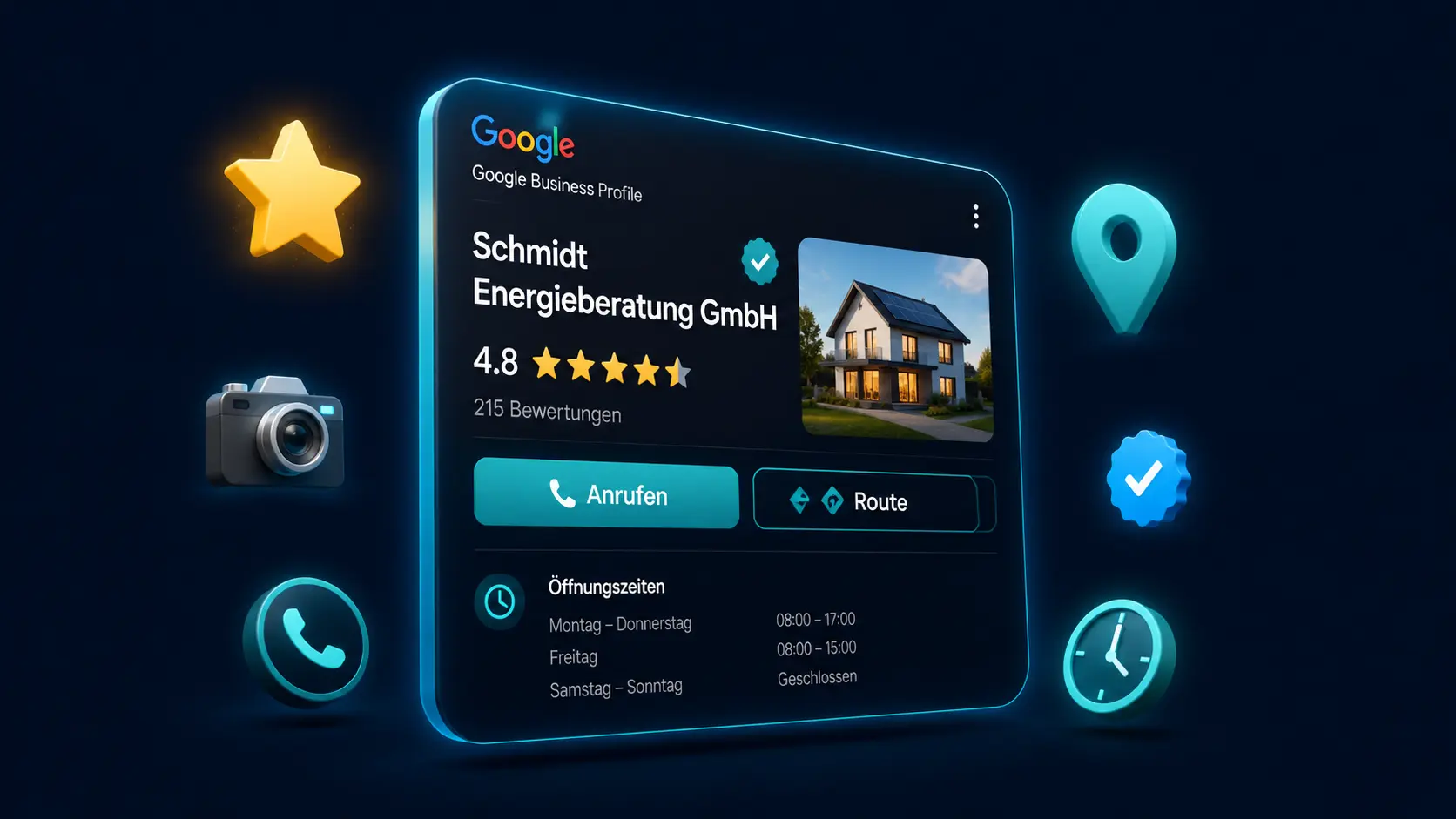 Google Business Profil von Schmidt Energieberatung GmbH mit 4,8 Sternen, Öffnungszeiten und Hausfotos als 3D-Panel – KI-generiertes Bild