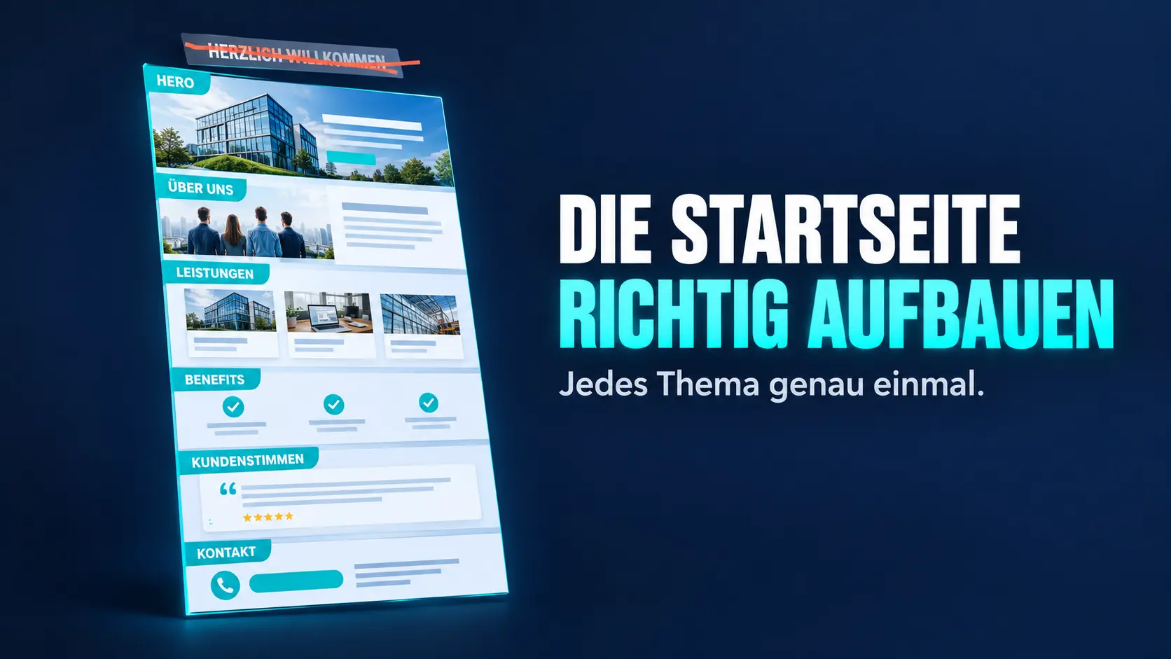 Titelbild Die Startseite richtig aufbauen mit Sektionen Hero, Über uns, Leistungen, Benefits, Kundenstimmen und Kontakt – KI-generiertes Bild